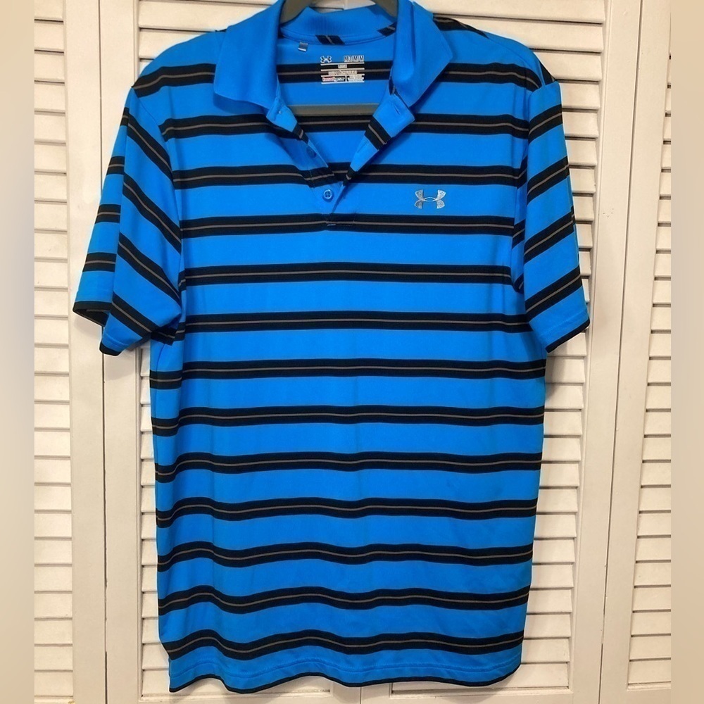 Mens Under Amour Blue And Black Striped Polo Shirt Size Medium